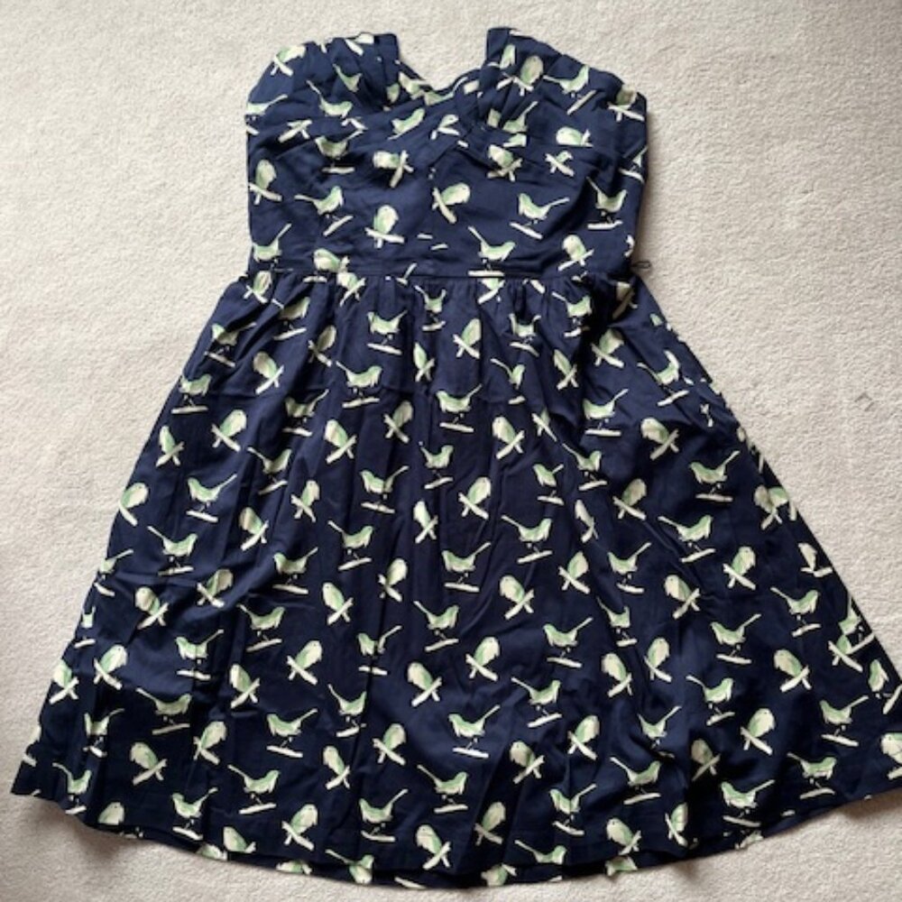 Anthropologie Midi Cocktail Dress (L) - Navy with Bird Print
